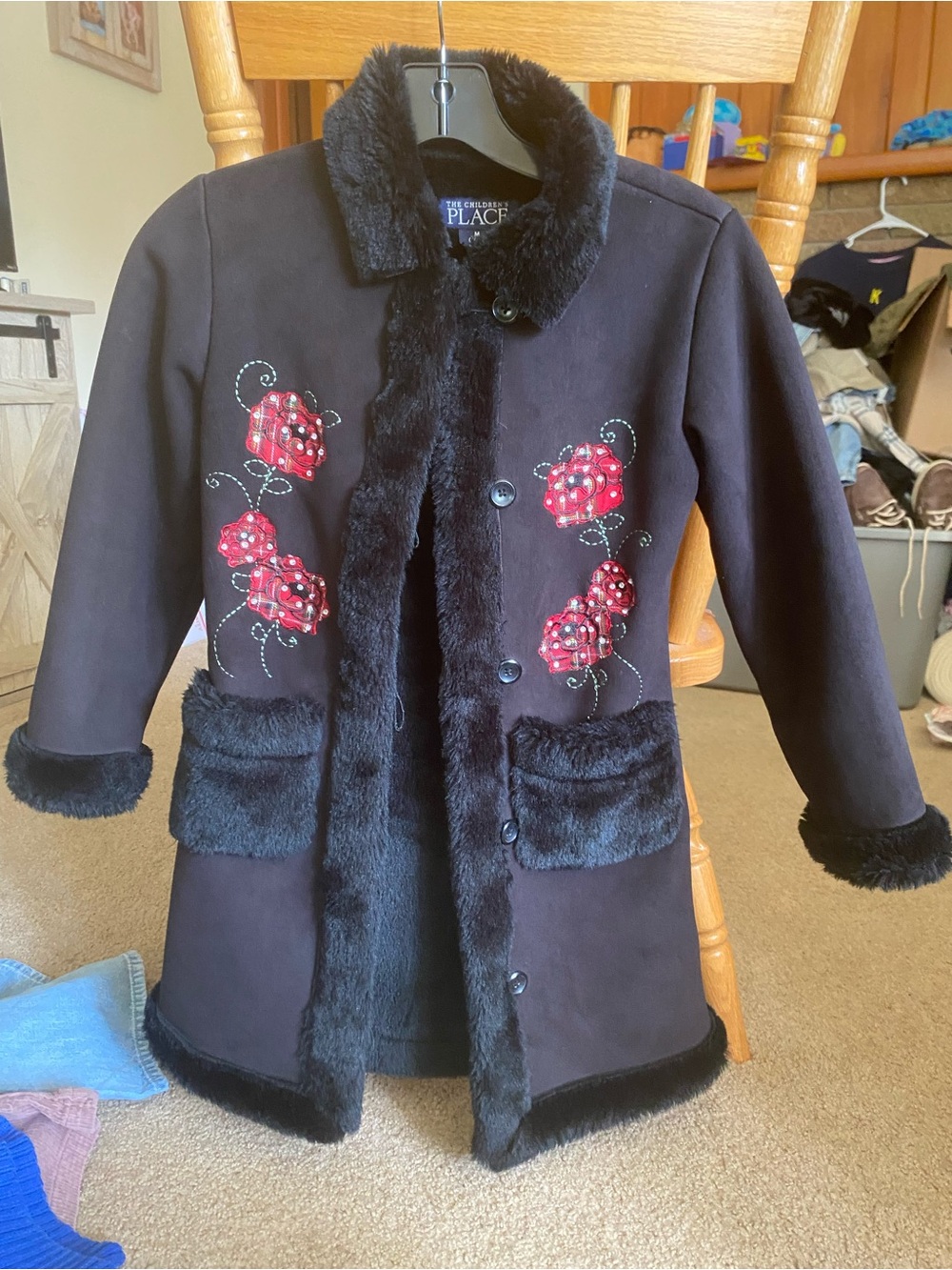 The Children's Place Black Faux-Fur Trim Coat with Red Floral Appliqué size 7/8